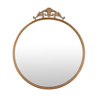 Drek Traditional Round Wall Mirror with Ornate Crest Top, Gold Metal 24x27-BM353470