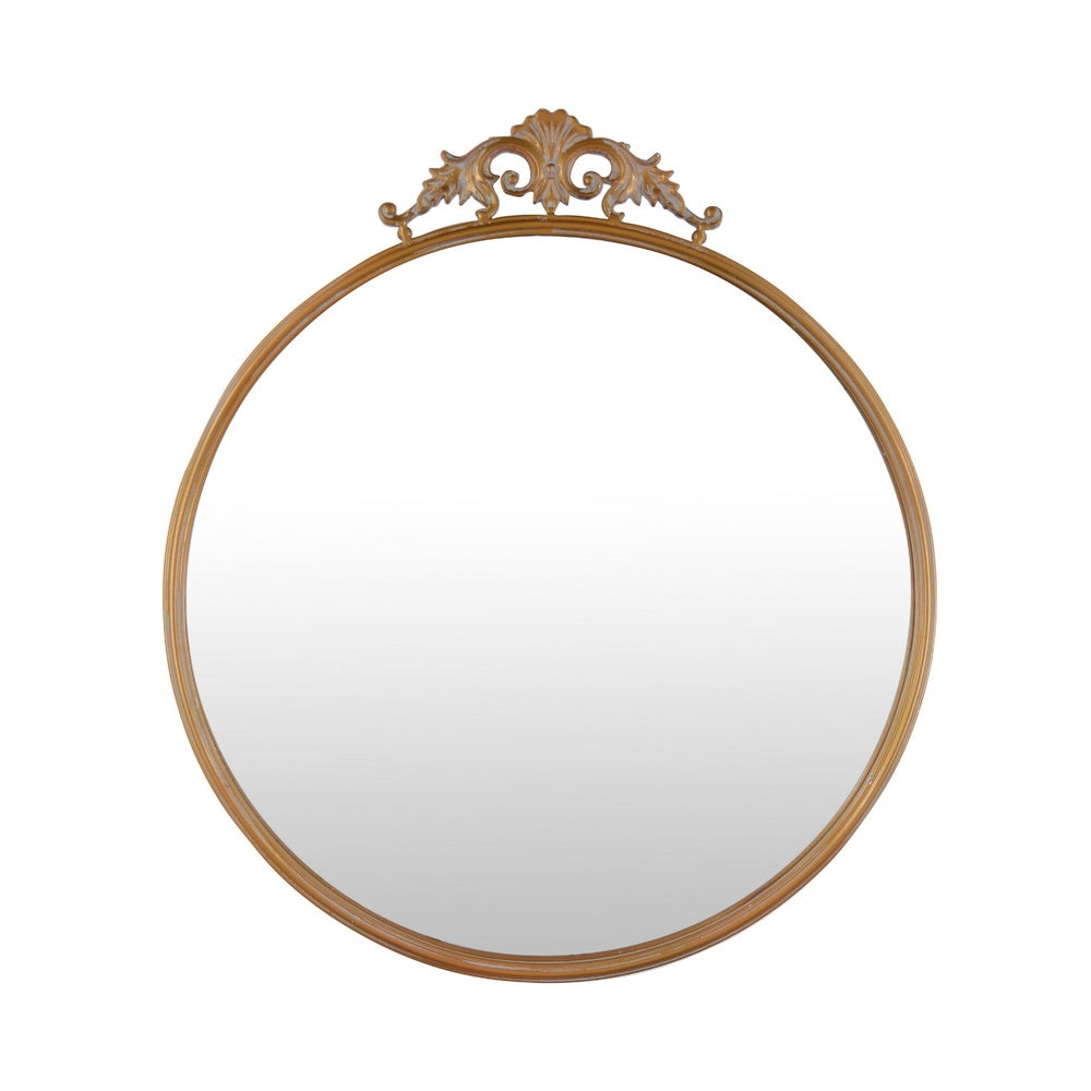 Drek Traditional Round Wall Mirror with Ornate Crest Top, Gold Metal 24x27-BM353470