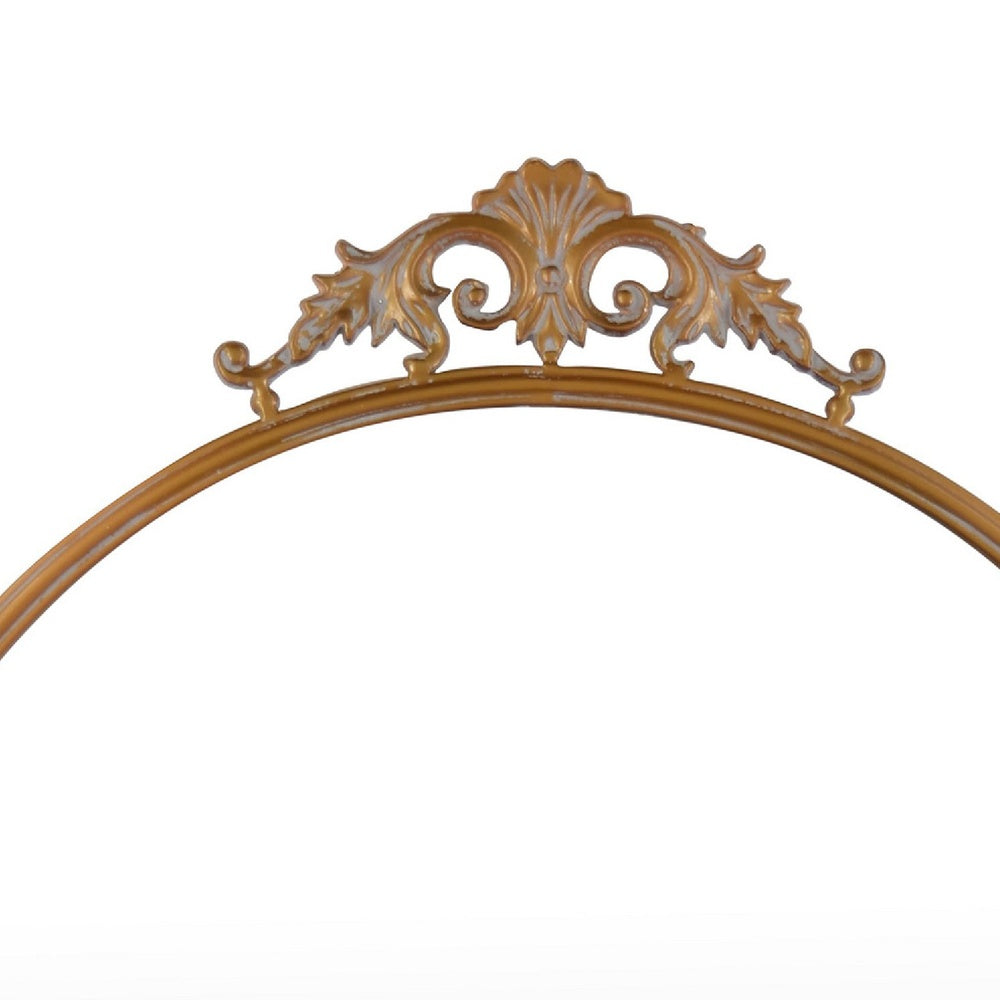 Drek Traditional Round Wall Mirror with Ornate Crest Top, Gold Metal 24x27-BM353470
