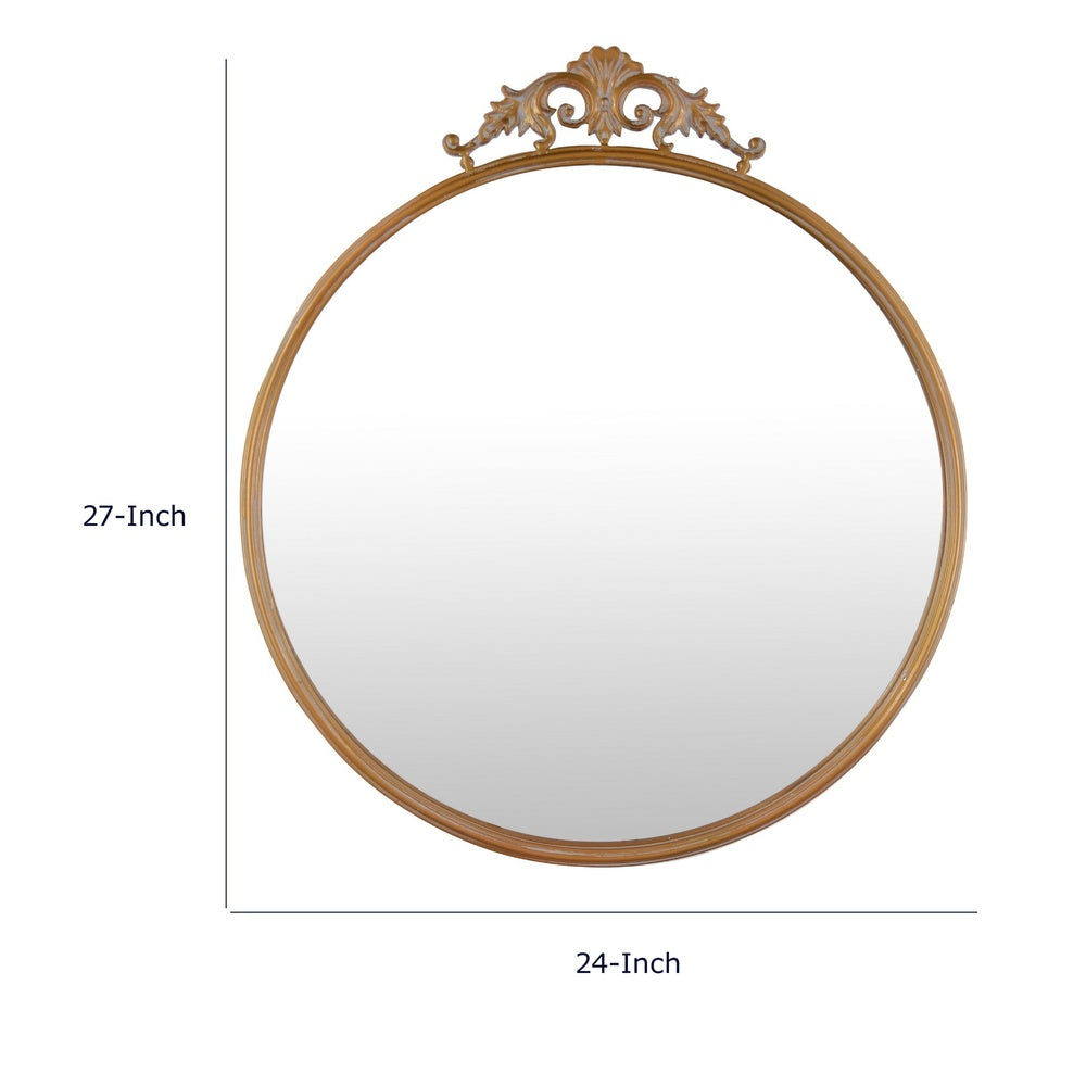 Drek Traditional Round Wall Mirror with Ornate Crest Top, Gold Metal 24x27-BM353470