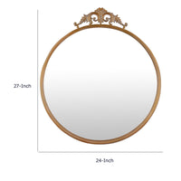 Drek Traditional Round Wall Mirror with Ornate Crest Top, Gold Metal 24x27-BM353470