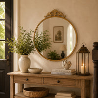 Drek Traditional Round Wall Mirror with Ornate Crest Top, Gold Metal 24x27-BM353470