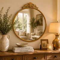 Drek Traditional Round Wall Mirror with Ornate Crest Top, Gold Metal 24x27-BM353470