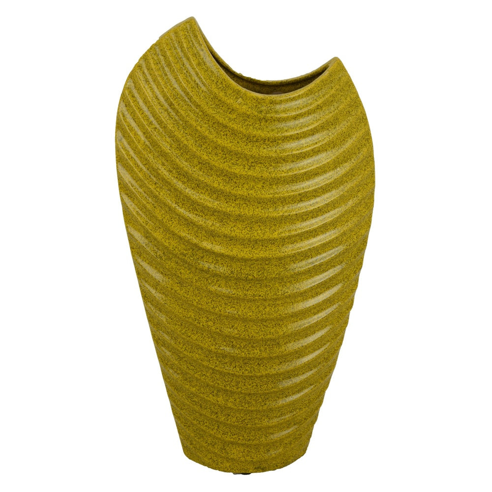 Kathy Decorative Vase with Sculpted Curved Rim, Yellow Ribbed Ceramic 20 Inch-BM353471