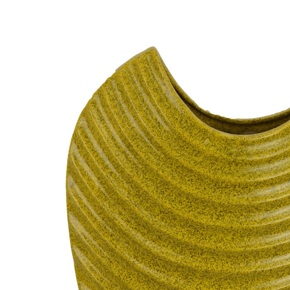 Kathy Decorative Vase with Sculpted Curved Rim, Yellow Ribbed Ceramic 20 Inch-BM353471