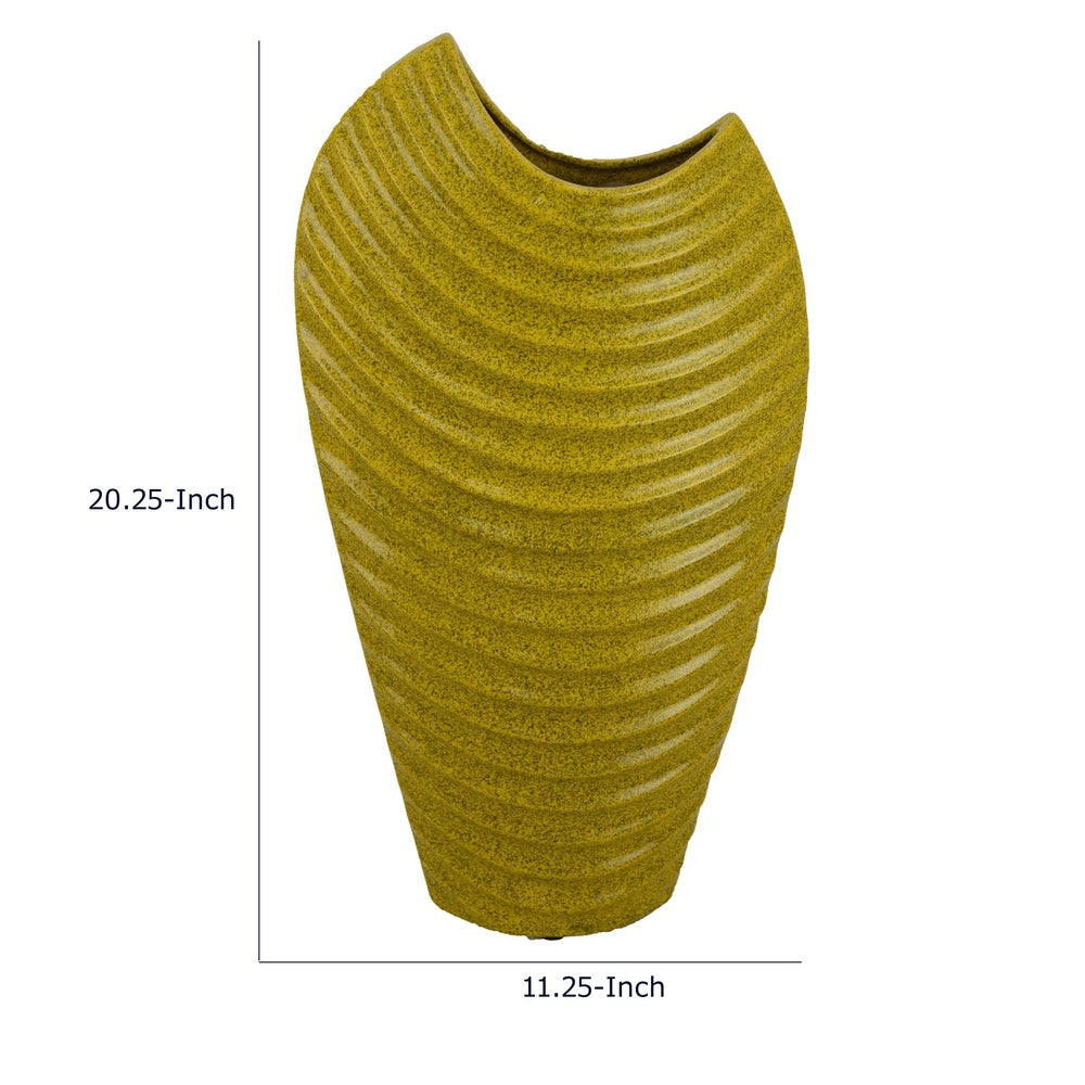 Kathy Decorative Vase with Sculpted Curved Rim, Yellow Ribbed Ceramic 20 Inch-BM353471