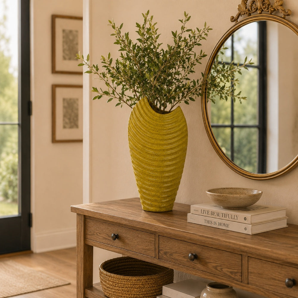 Kathy Decorative Vase with Sculpted Curved Rim, Yellow Ribbed Ceramic 20 Inch-BM353471