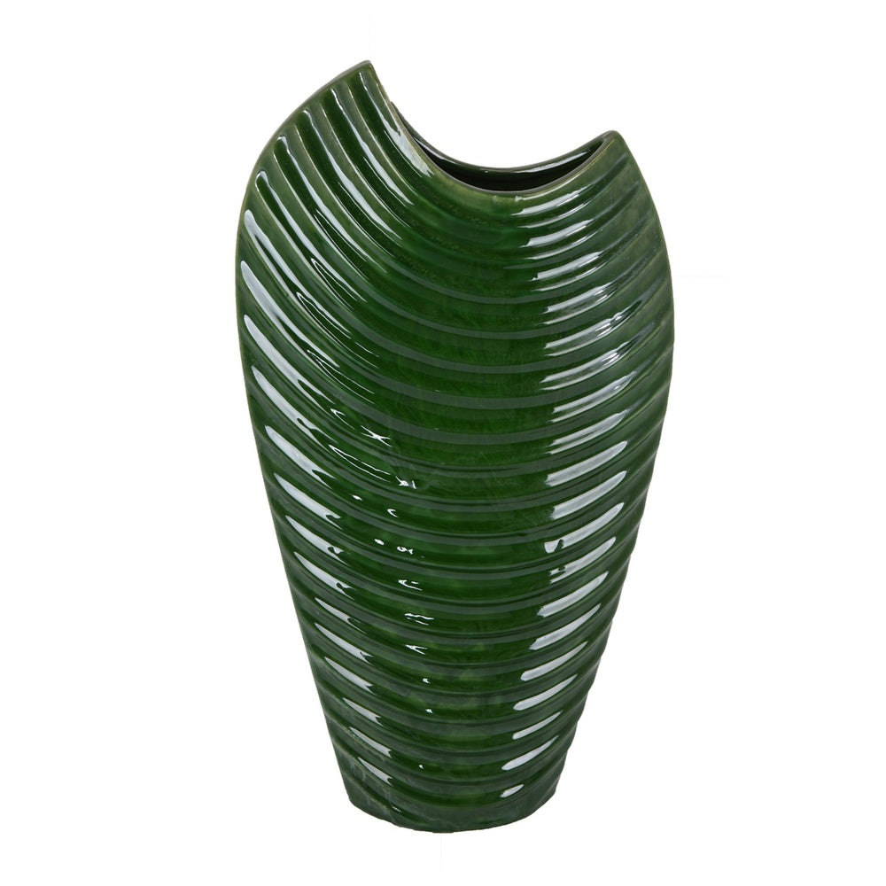 Kathy Decorative Vase with Sculpted Curved Rim, Green Ribbed Ceramic 20 Inch-BM353472