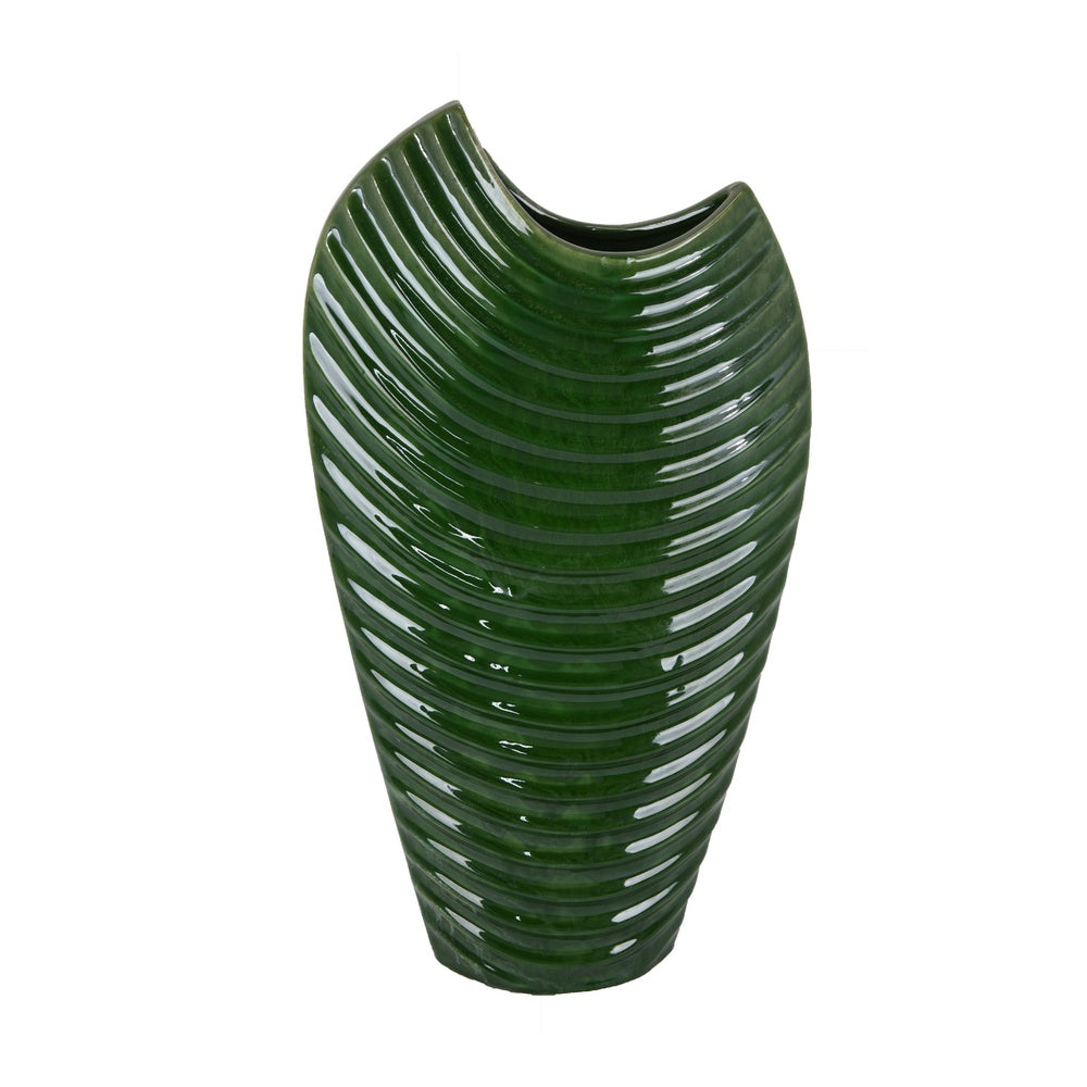 Kathy Decorative Vase with Sculpted Curved Rim, Green Ribbed Ceramic 20 Inch-BM353472