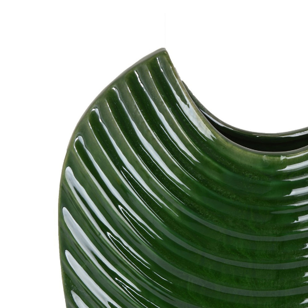 Kathy Decorative Vase with Sculpted Curved Rim, Green Ribbed Ceramic 20 Inch-BM353472