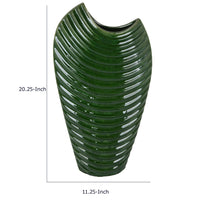 Kathy Decorative Vase with Sculpted Curved Rim, Green Ribbed Ceramic 20 Inch-BM353472