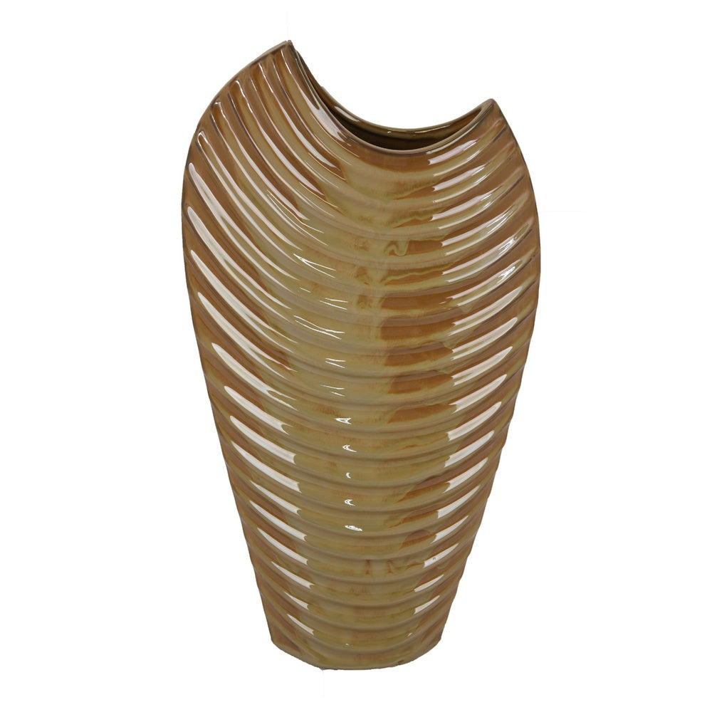 Kathy Decorative Vase with Sculpted Curved Rim, Brown Ribbed Ceramic 20 Inch-BM353473