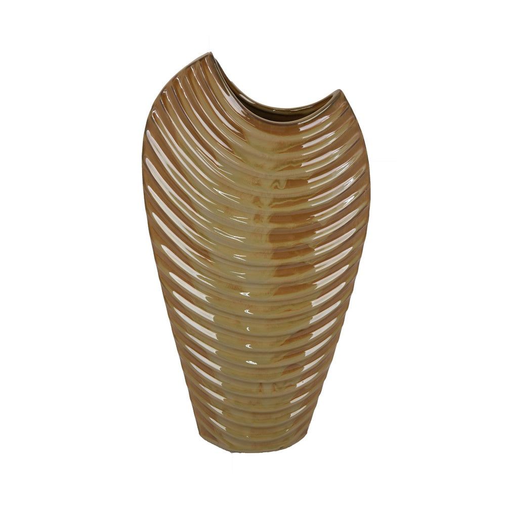 Kathy Decorative Vase with Sculpted Curved Rim, Brown Ribbed Ceramic 20 Inch-BM353473