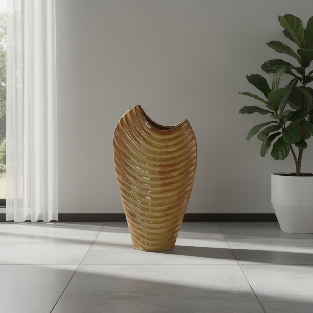 Kathy Decorative Vase with Sculpted Curved Rim, Brown Ribbed Ceramic 20 Inch-BM353473