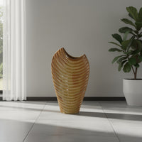 Kathy Decorative Vase with Sculpted Curved Rim, Brown Ribbed Ceramic 20 Inch-BM353473