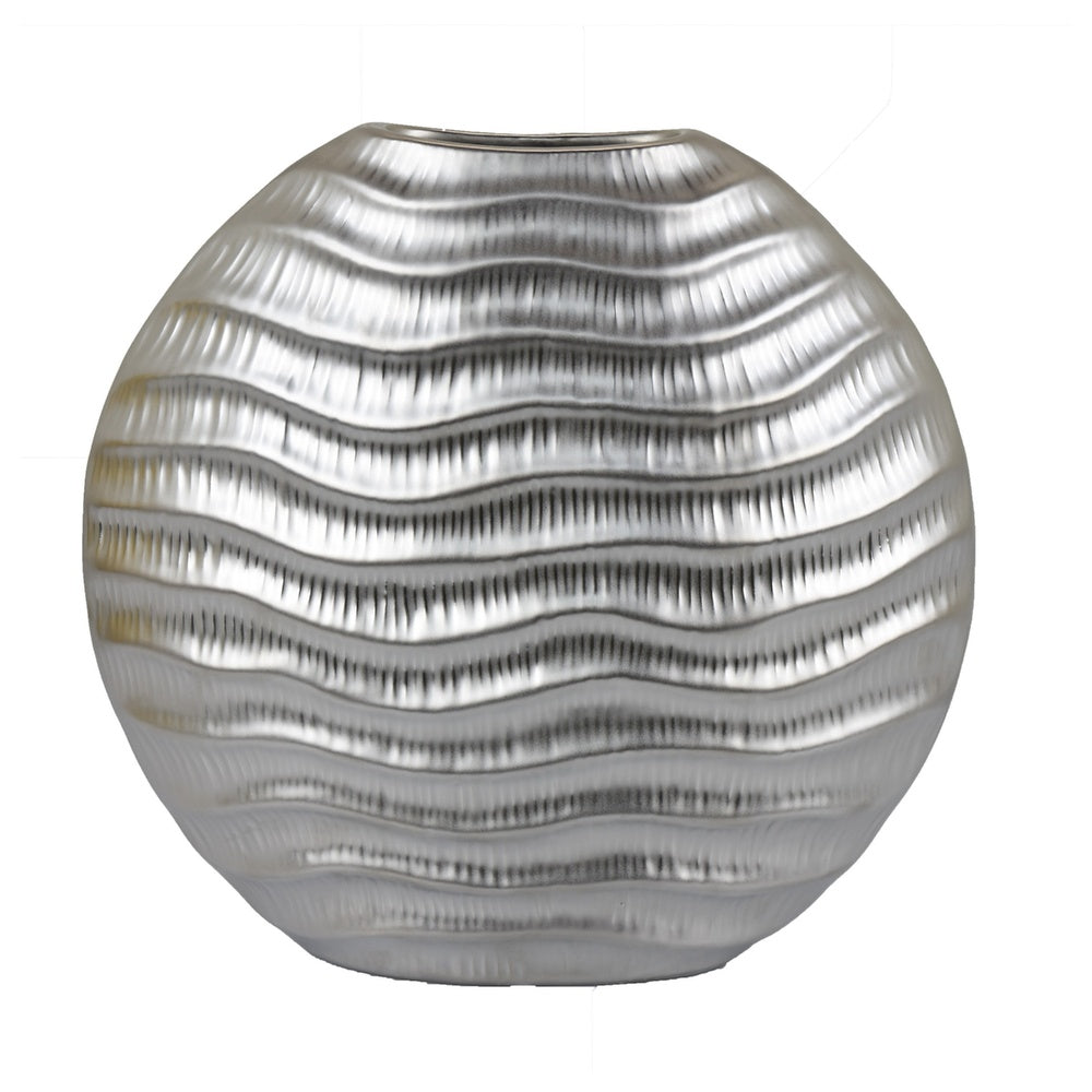 Tyler Round Vase with Textured Wave Pattern Design, Silver Ceramic 14 Inch-BM353474
