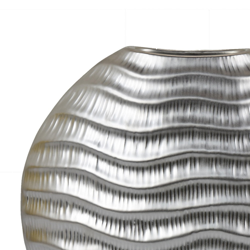 Tyler Round Vase with Textured Wave Pattern Design, Silver Ceramic 14 Inch-BM353474