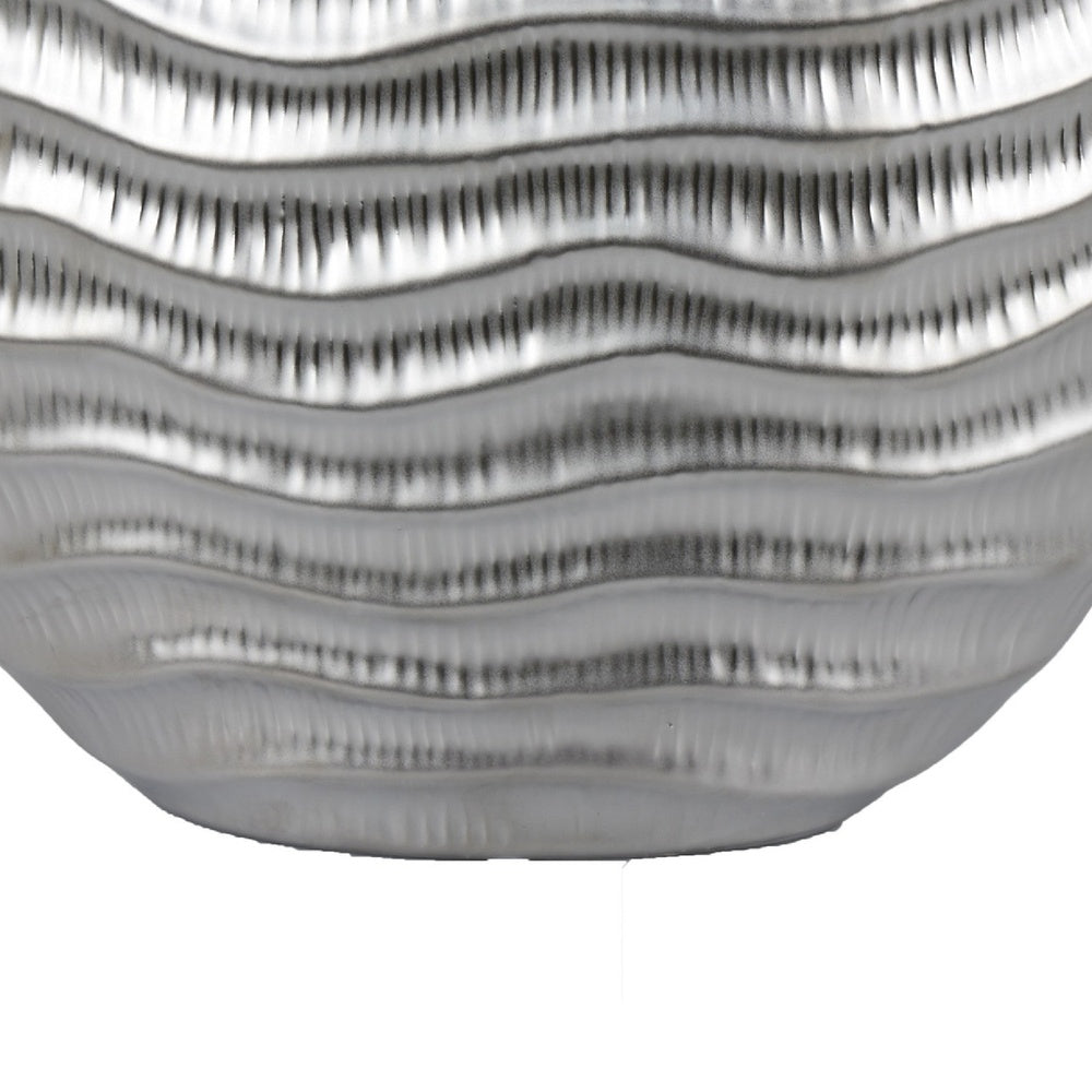 Tyler Round Vase with Textured Wave Pattern Design, Silver Ceramic 14 Inch-BM353474