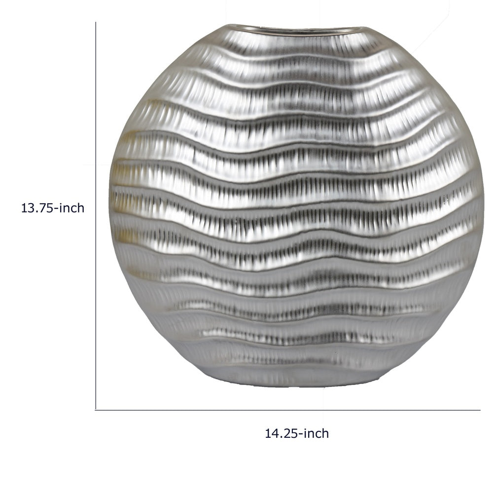 Tyler Round Vase with Textured Wave Pattern Design, Silver Ceramic 14 Inch-BM353474