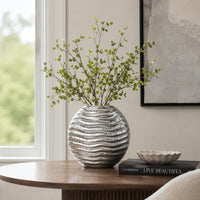 Tyler Round Vase with Textured Wave Pattern Design, Silver Ceramic 14 Inch-BM353474