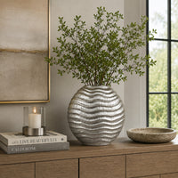 Tyler Round Vase with Textured Wave Pattern Design, Silver Ceramic 14 Inch-BM353474
