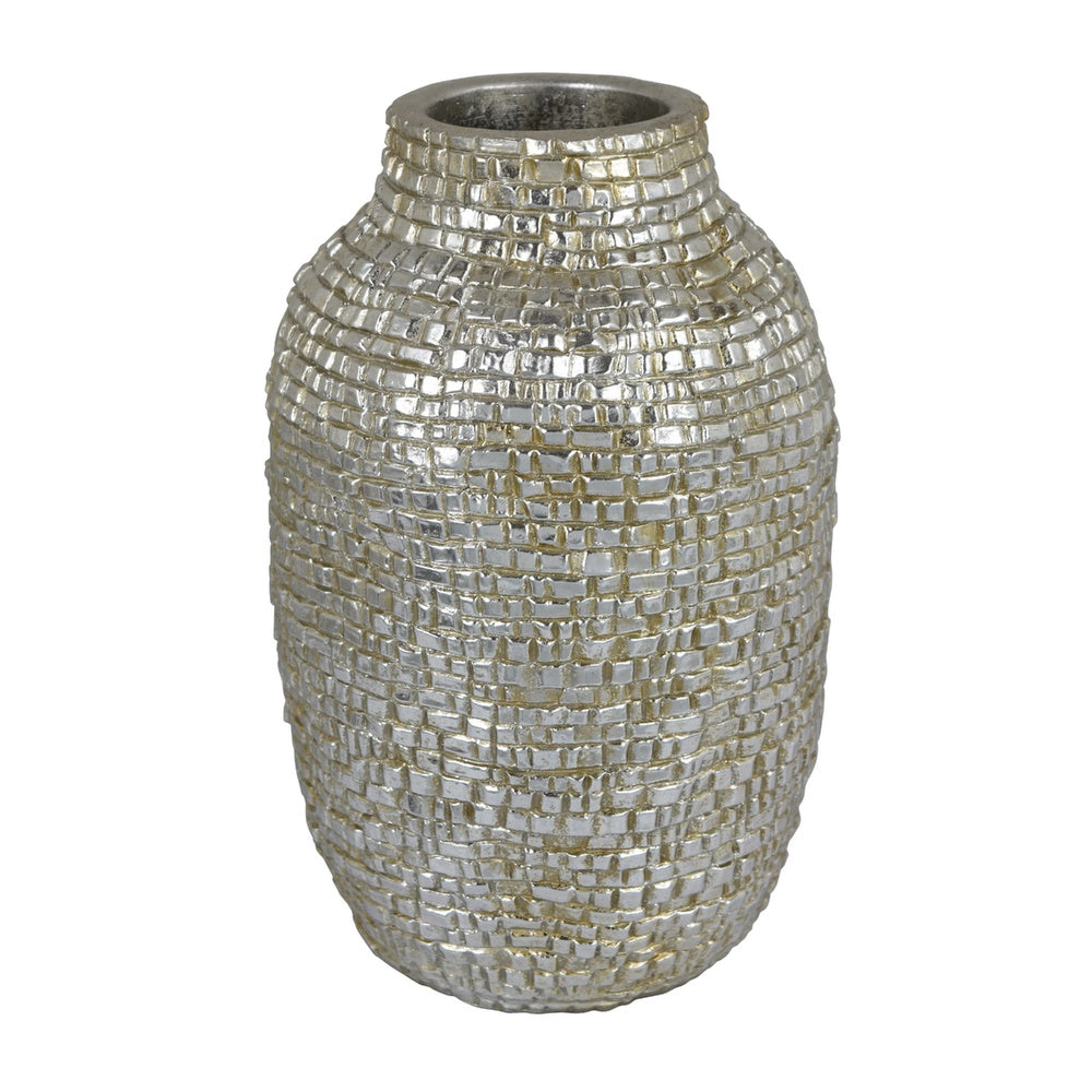 Jenna Decorative Vase with Brick-Like Patterns, Silver Textured Resin-BM353475