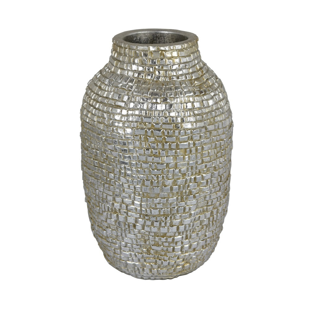 Jenna Decorative Vase with Brick-Like Patterns, Silver Textured Resin-BM353475