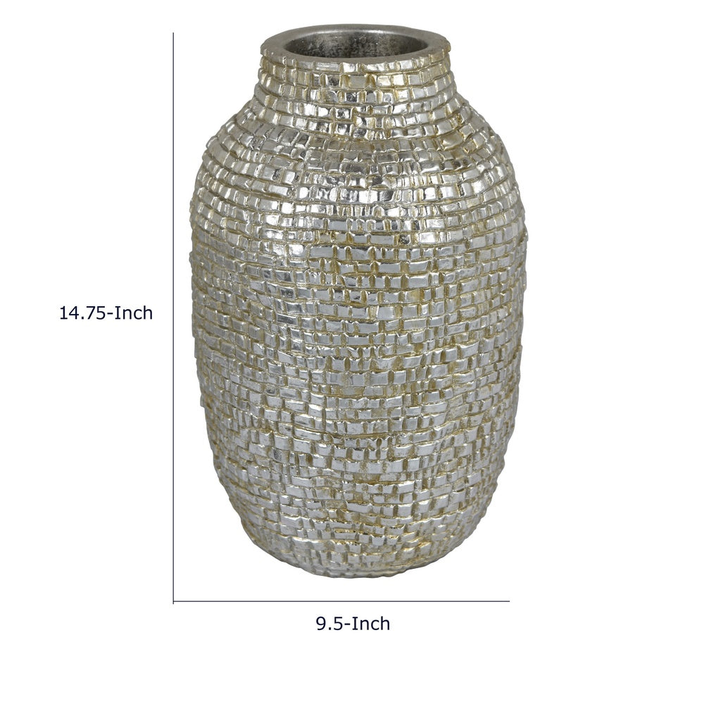 Jenna Decorative Vase with Brick-Like Patterns, Silver Textured Resin-BM353475