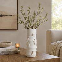 Moona Modern Vase with Sculpted Raised Details, White Textured Ceramic-BM353476