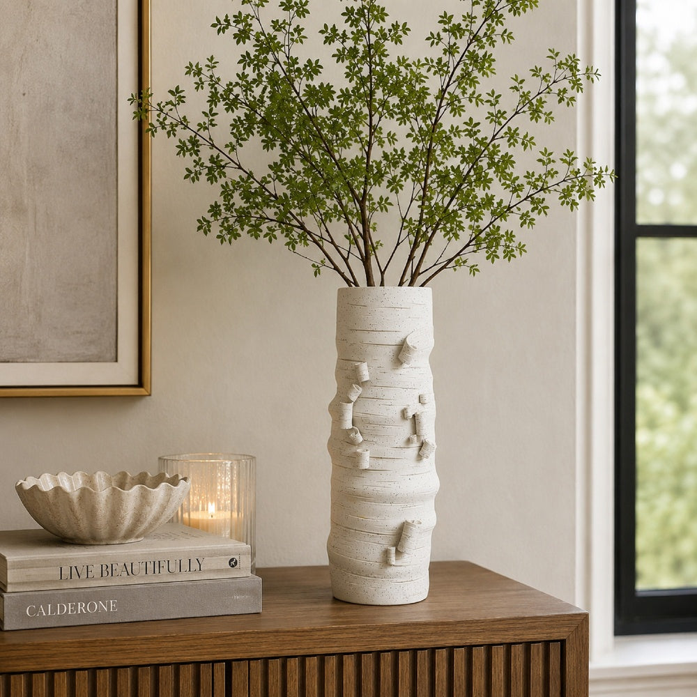 Moona Modern Vase with Sculpted Raised Details, White Textured Ceramic-BM353476