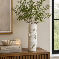 Moona Modern Vase with Sculpted Raised Details, White Textured Ceramic-BM353476