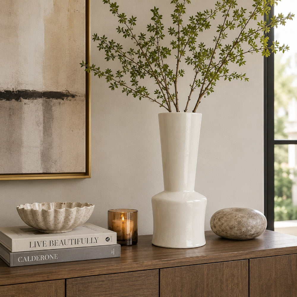 Ginny Decorative Vase with Slender Neck, Glossy White Ceramic 16 Inch-BM353477