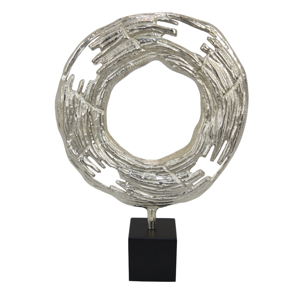 Steve Abstract Ring Sculpture with Black Pedestal Stand, Textured Silver-BM353478