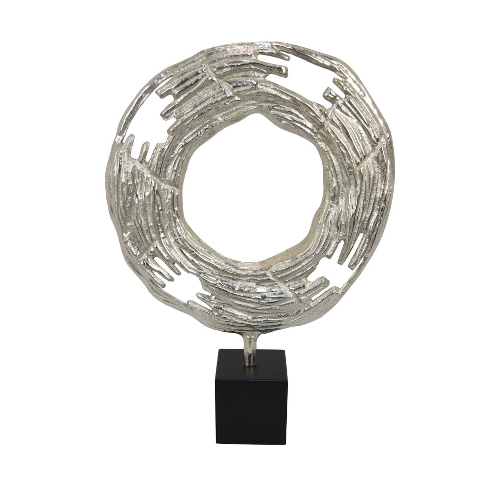 Steve Abstract Ring Sculpture with Black Pedestal Stand, Textured Silver-BM353478