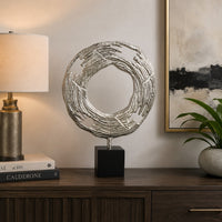 Steve Abstract Ring Sculpture with Black Pedestal Stand, Textured Silver-BM353478