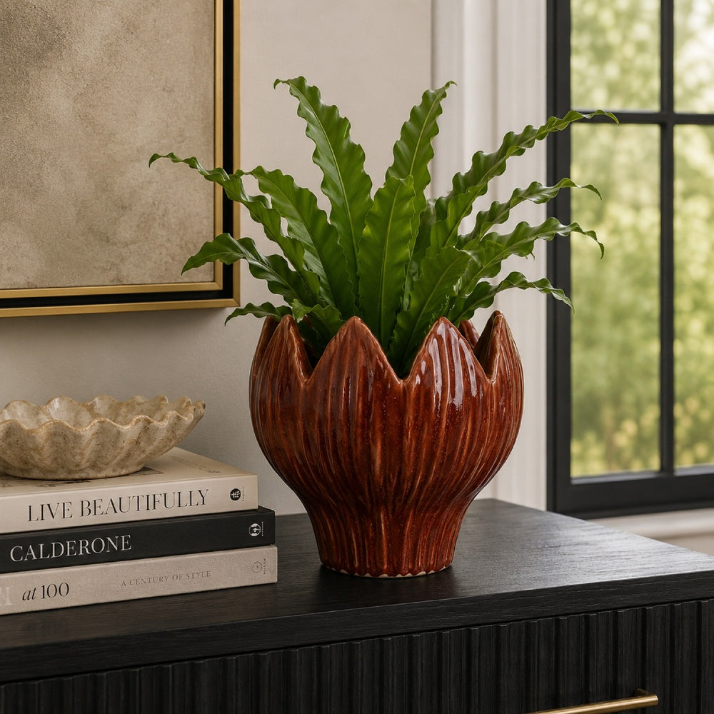 Siena Decorative Planter with Petal Edge Design, Red Ceramic 10 Inch-BM353479