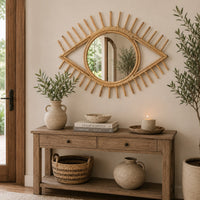 Greta Eye-Shaped Wall-Mounted Mirror, Sunburst Frame, Natural Fiber-BM353480