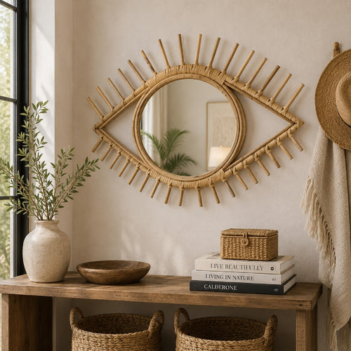 Greta Eye-Shaped Wall-Mounted Mirror, Sunburst Frame, Natural Fiber-BM353480