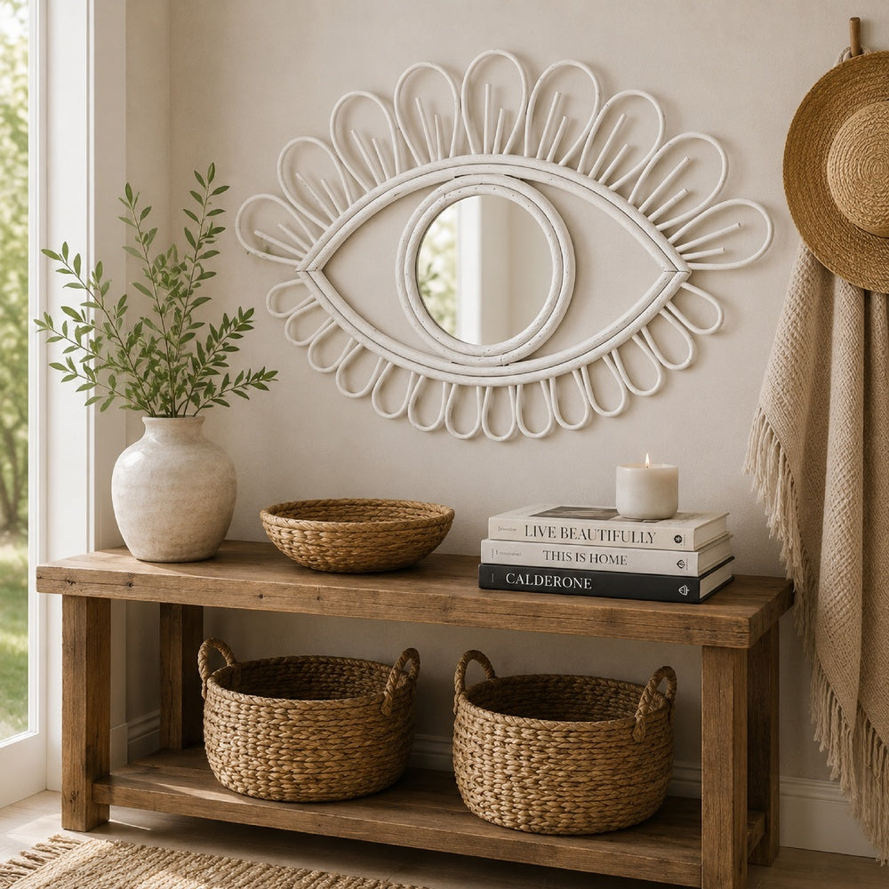 Davie Eye-Shaped Wall Mirror with Loop Details, White Natural Fiber-BM353481