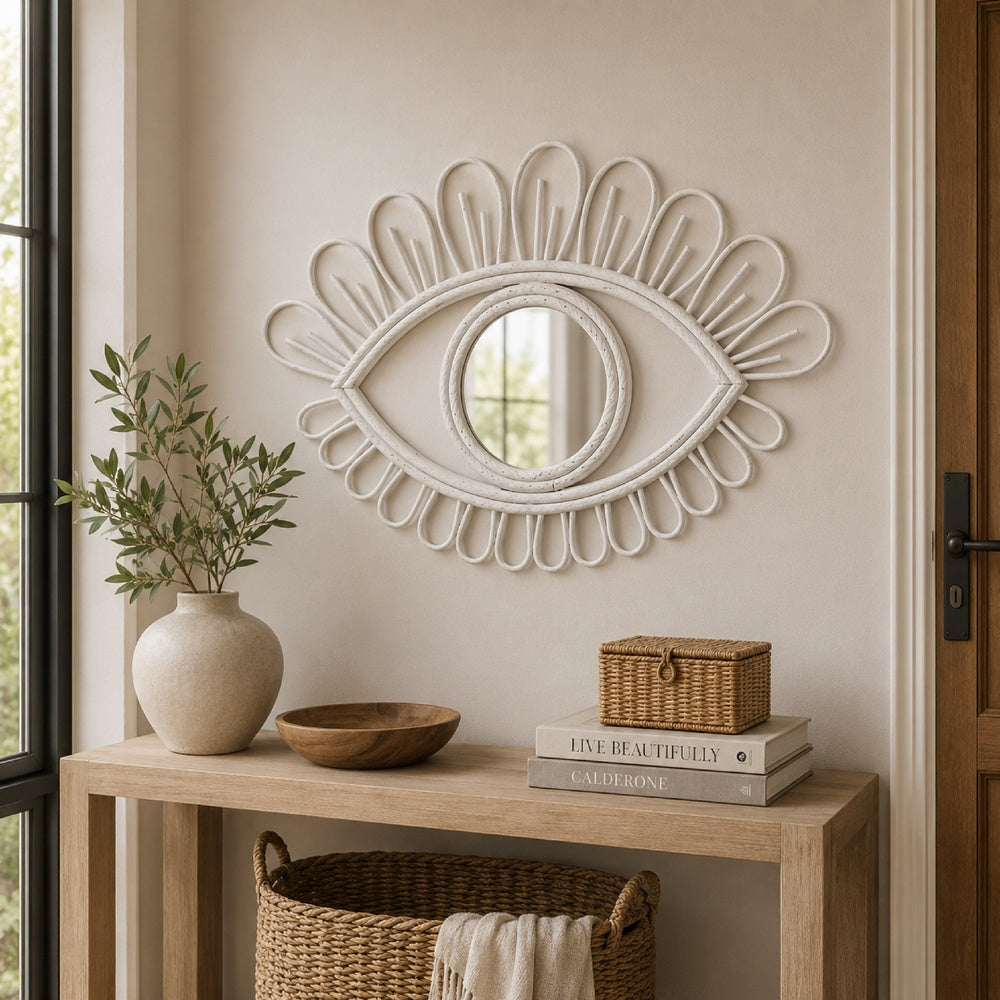 Davie Eye-Shaped Wall Mirror with Loop Details, White Natural Fiber-BM353481
