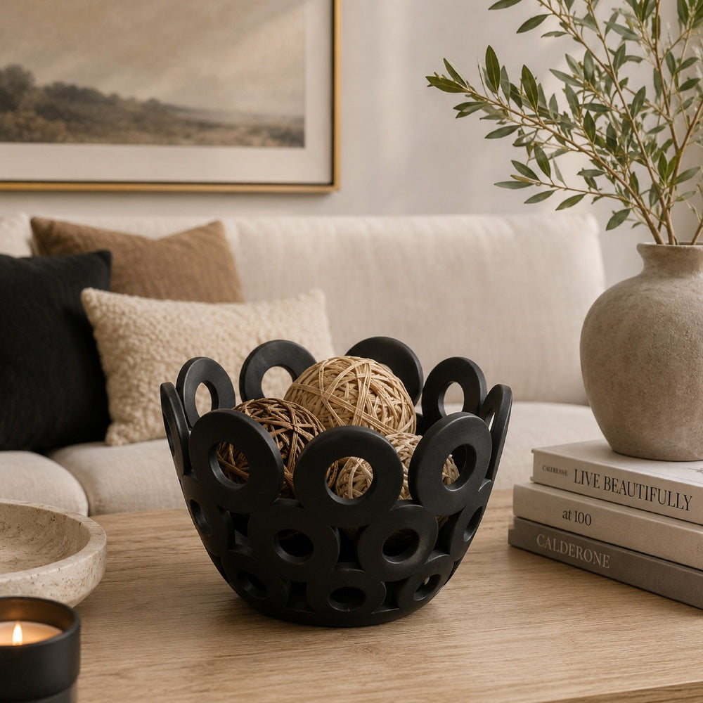 Laura Round Bowl with Circular Cutout Patterns, Black Ceramic 11 Inch-BM353482