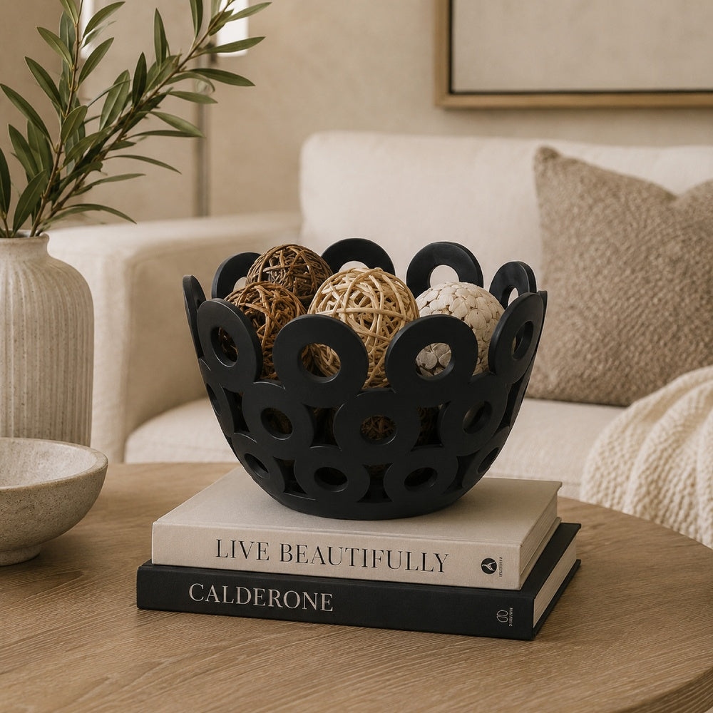 Laura Round Bowl with Circular Cutout Patterns, Black Ceramic 11 Inch-BM353482