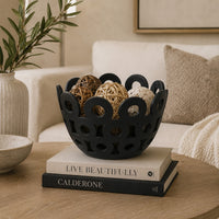 Laura Round Bowl with Circular Cutout Patterns, Black Ceramic 11 Inch-BM353482