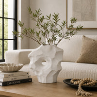 Joel Abstract Sculpted Vase with Textured Organic Form, White Ceramic 15 Inch-BM353483