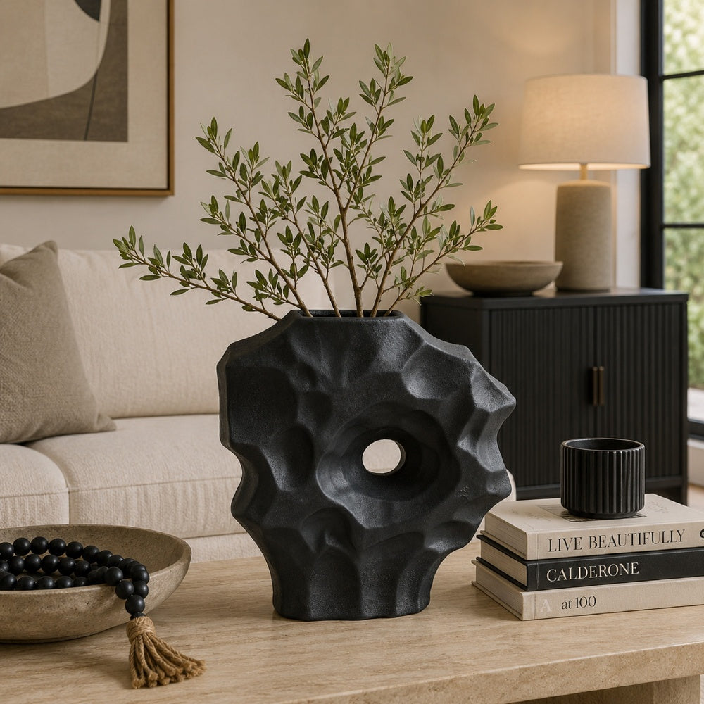 Joel Abstract Sculpted Vase with Textured Organic Form, Black Ceramic 15 Inch-BM353484