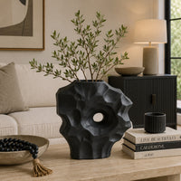 Joel Abstract Sculpted Vase with Textured Organic Form, Black Ceramic 15 Inch-BM353484