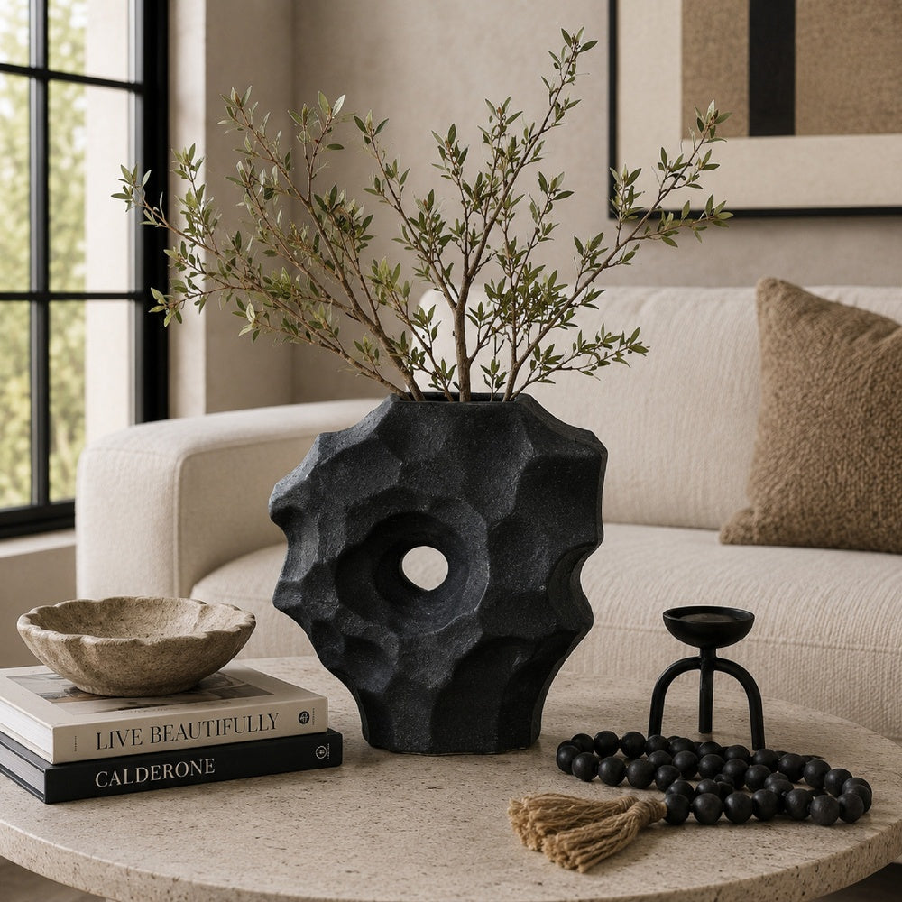 Joel Abstract Sculpted Vase with Textured Organic Form, Black Ceramic 15 Inch-BM353484