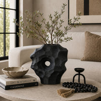 Joel Abstract Sculpted Vase with Textured Organic Form, Black Ceramic 15 Inch-BM353484