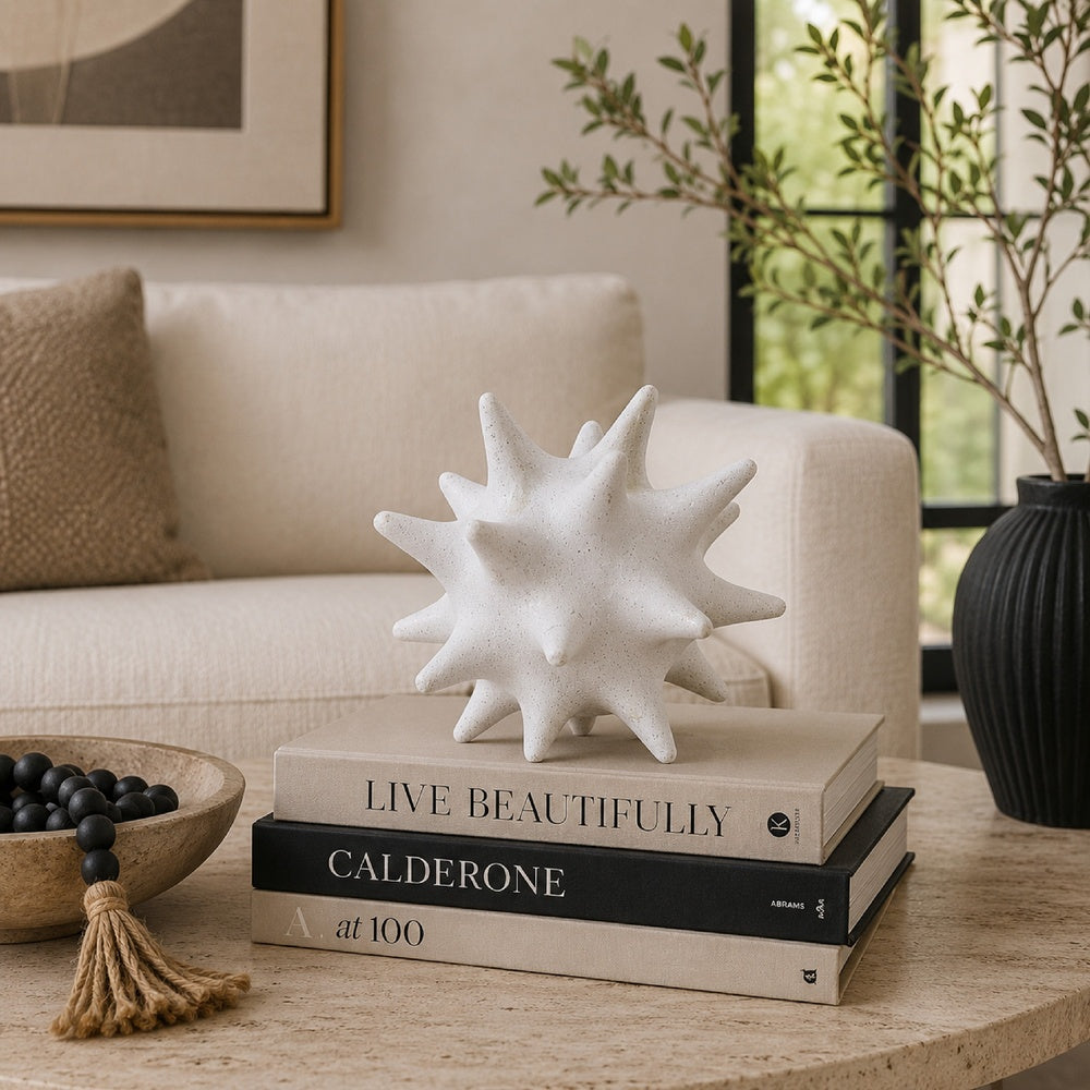 Xyla Decorative Orb with Spiked Starburst Patterns, White Resin 8 Inch-BM353485