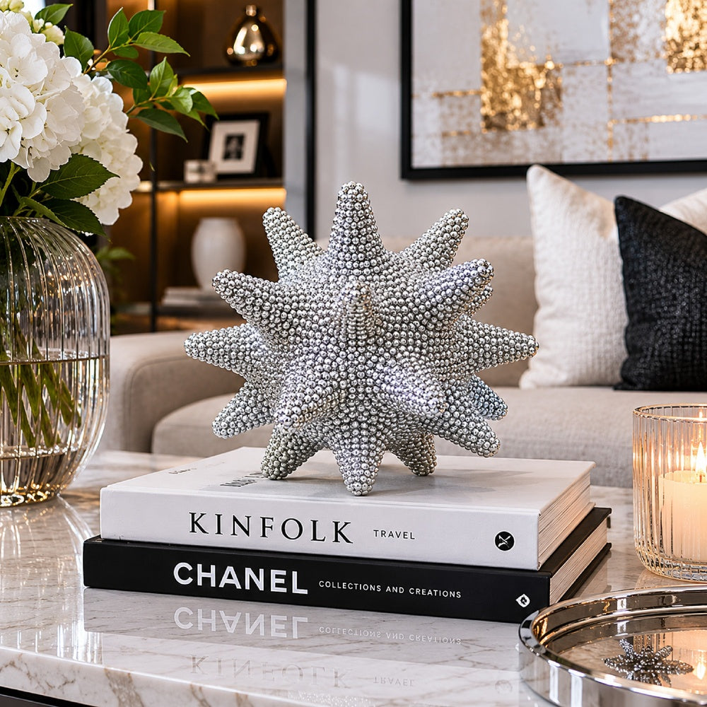 Noah Decorative Orb Sculpture with Spiked Details, Silver Resin 8 Inch-BM353488